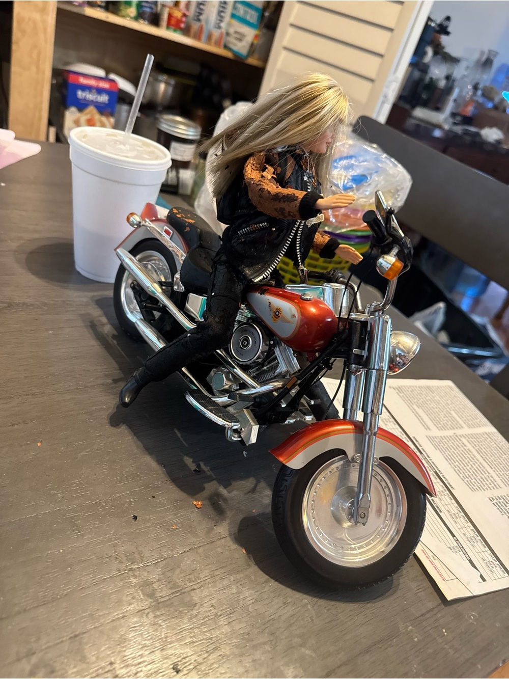 Harley-Davidson Black and Orange Barbie Doll Jacket on Motorcycle - Picture 7 of 13
